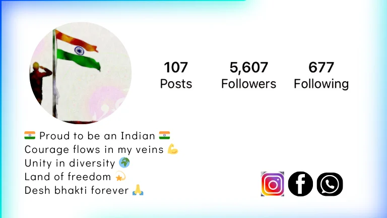 Instagram bio in English celebrating Indian patriotism and unity.